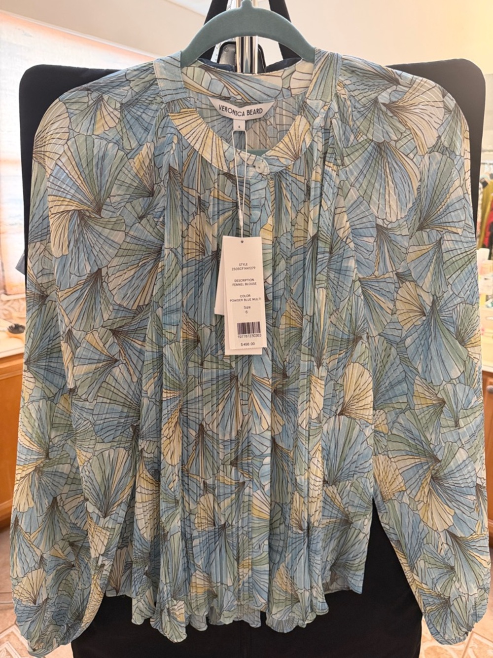 Veronica Beard Pleated Shell-Print Blouse in Blue and Cream NWT
